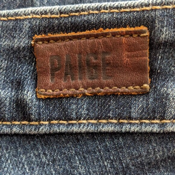 PAIGE, Dark Wash Distressed Skyline Boot Cut Low Rise Denim Blue Jeans, Size 27 - Picture 7 of 11